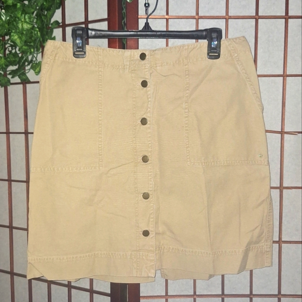 Lauren Ralph Lauren | Button Down Pocketed Cotton Tan A-Line Skirt - Picture 1 of 16